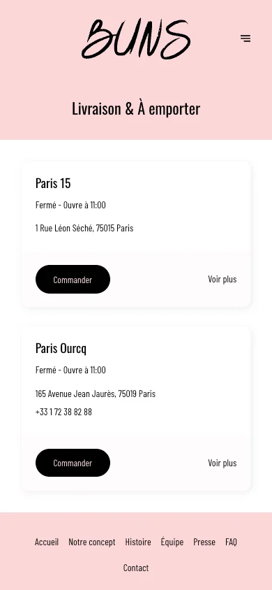 Liste des adresses Buns en livraison et à emporter